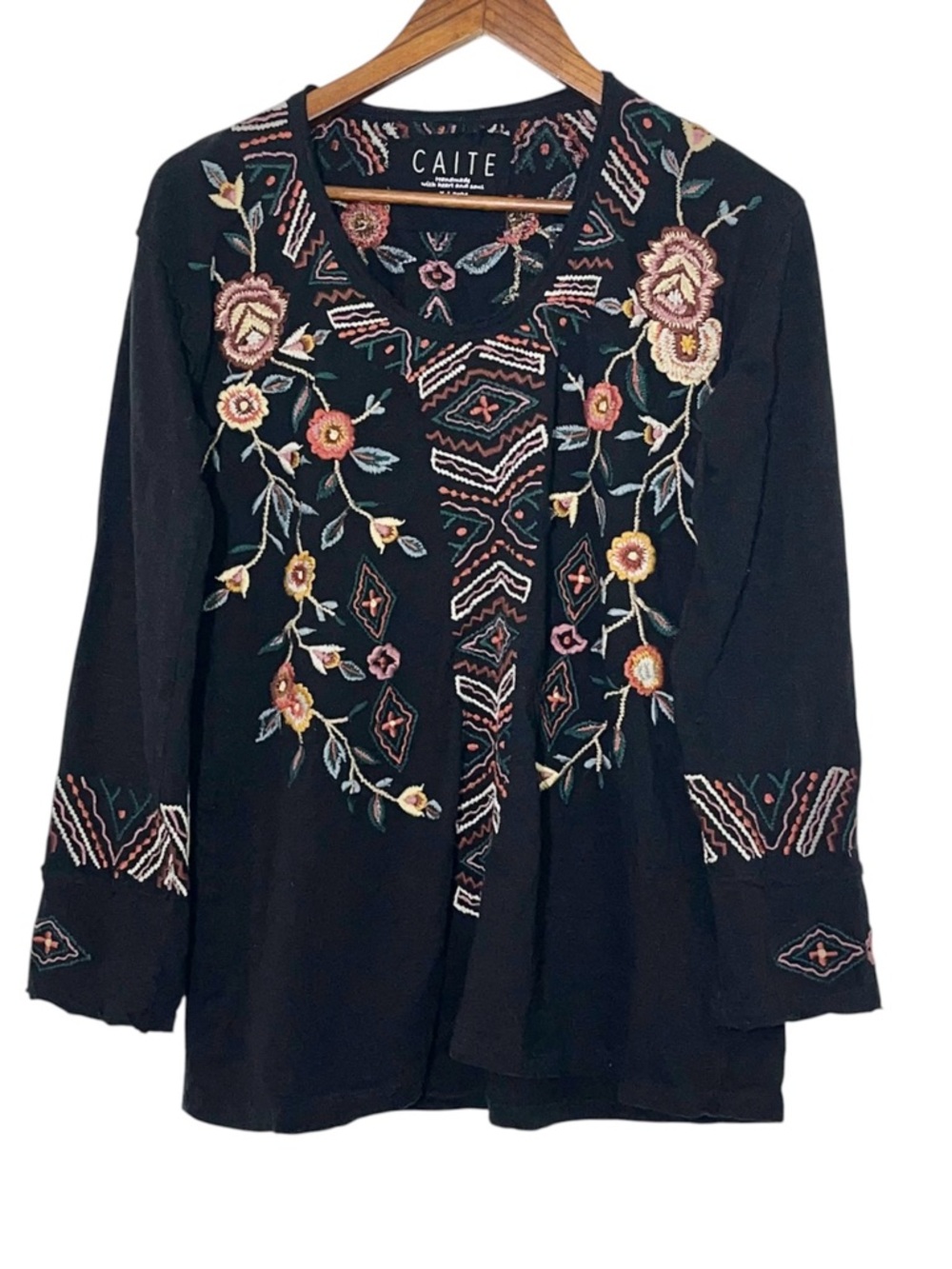 Caite "Isa" Black Embroidered Boho Peasant Blouse Cotton Folk Art Tunic XL - Picture 4 of 13